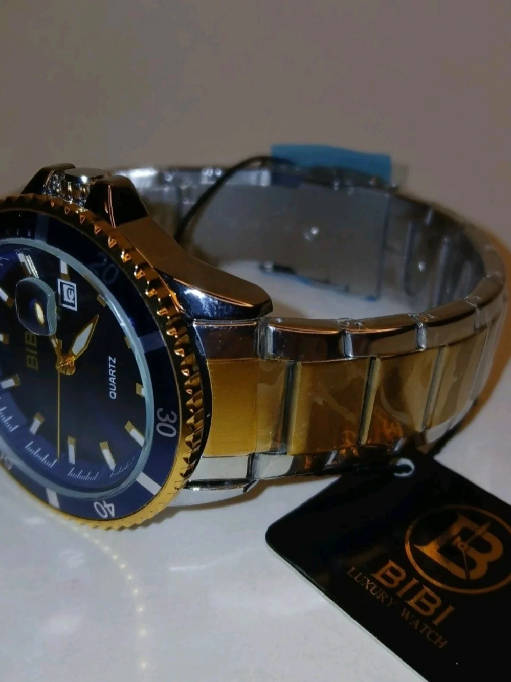 BiBi Quartz Diver Style Date Watch Blue Dial Silver Case Silver Gold Band New